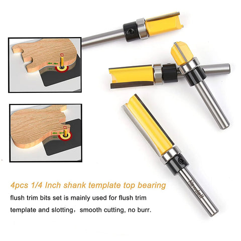 Four 1/4-inch shank flush-trim router bits with top bearing and yellow-coated carbide cutters.