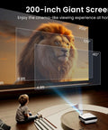 Native 1080P Bluetooth Projector With Built In Speaker For Smartphone HDMI Fire Stick And PS5 Perfect For Kick Back Indoor And Outdoor Movie Nights Delivers Crisp Bright Full HD Images Without Google TV System projecting a large lion image on a wall.