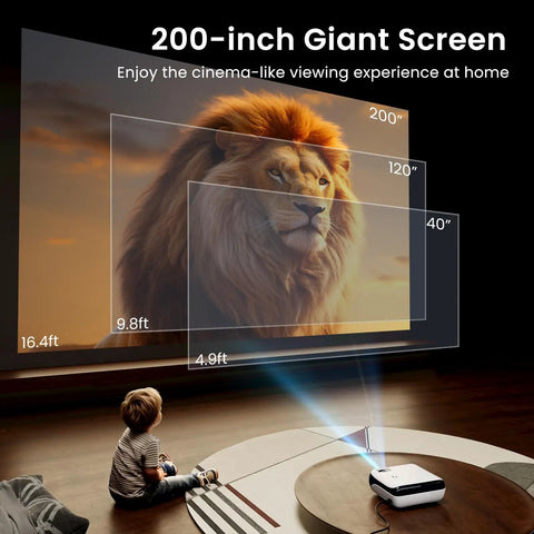 Native 1080P Bluetooth Projector With Built In Speaker For Smartphone HDMI Fire Stick And PS5 Perfect For Kick Back Indoor And Outdoor Movie Nights Delivers Crisp Bright Full HD Images Without Google TV System projecting a large lion image on a wall.