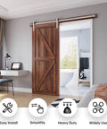 Installed view of 6 Ft Brushed Nickel Sliding Barn Door Hardware Kit With Straight Pulley Built To Last Steel Ball Bearing Rollers