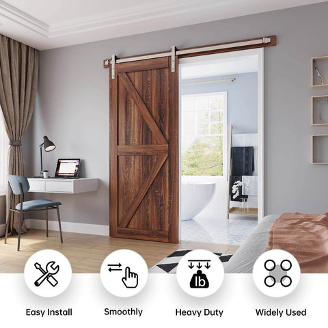 Installed view of 6 Ft Brushed Nickel Sliding Barn Door Hardware Kit With Straight Pulley Built To Last Steel Ball Bearing Rollers