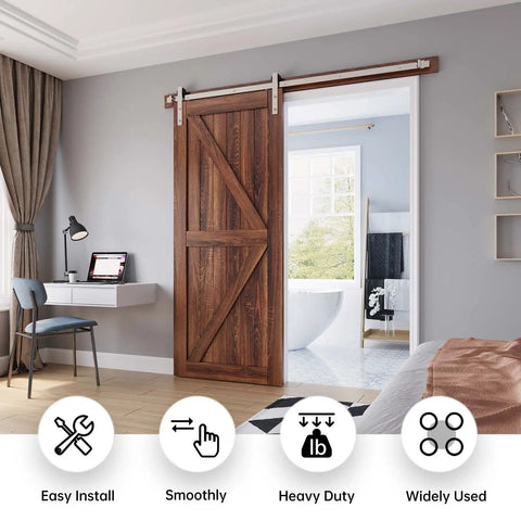 Brushed Nickel Sliding Barn Door Hardware Track Kit 5 Ft Straight Pulley Heavy Duty Built To Last Smooth Silent Glide for 26-30 Inch Wide Single Doors installed in modern room.