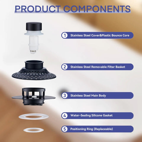 Components of 2 Pack Tub Drain Stopper With Removable Hair Catcher, including stainless steel parts and silicone gasket.