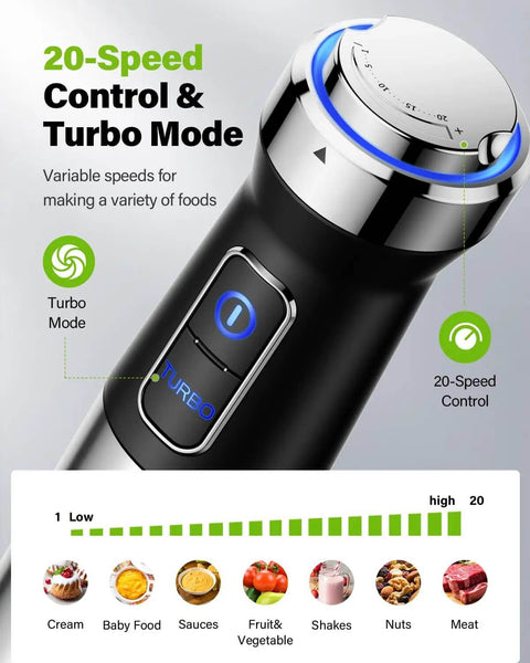 Heavy Duty 6 In 1 Immersion Blender With 1000W Copper Motor And 20 Speeds Powers Through Soups And Meats Silky Smooth In Seconds dial with speed controls