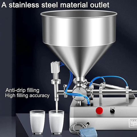Heavy Duty Commercial Paste And Liquid Filling Machine Adjustable Speed And Pressure Oils Honey Sauce Water 500ml Capacity Auto Manual Mode Plug And Play shown with stainless steel outlet filling glasses.
