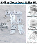 Sliding Closet Door Roller Kit With Floor Guide For Top Hung Wardrobe Doors Replacement Hardware Includes Track And Adjustable Guides Fits Three Quarters Of An Inch To One And Three Eighths Inches Doors displayed on a marble surface with detailed view of components.