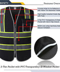 Solid Heavy Duty High Visibility Reflective Safety Vest For Men And Women ANSI Grade Compliant Unisex Mesh Workwear For Construction Road Sites Black Extra Large features overview with pockets and reflective strips.