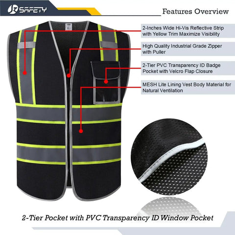 Solid Heavy Duty High Visibility Reflective Safety Vest For Men And Women ANSI Grade Compliant Unisex Mesh Workwear For Construction Road Sites Black Extra Large features overview with pockets and reflective strips.