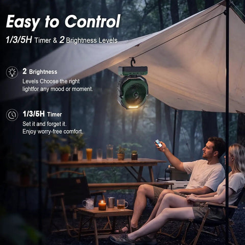 Beast Portable Misting Fan With 36000mAh Battery hanging under a tent, providing cool air and light for outdoor camping