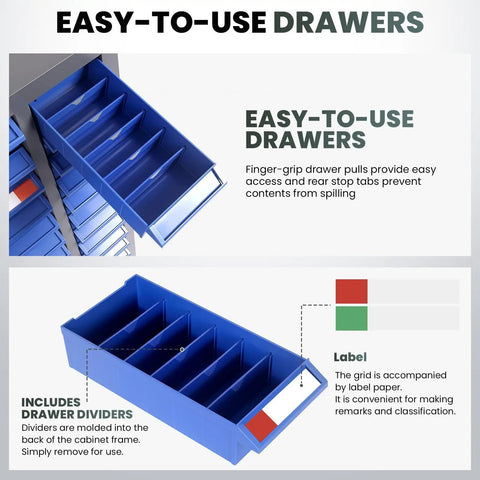 Heavy Duty Parts Cabinet With 100 Abs Drawers And Adjustable Dividers For Nuts Bolts Screws Badass Hardware Organizer showing easy-to-use blue drawers with dividers.