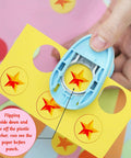 1 Inch Circle Hole Punch Lever Tool For Crafting And Scrapbooking with star cutout on yellow paper, spring-action handle visible