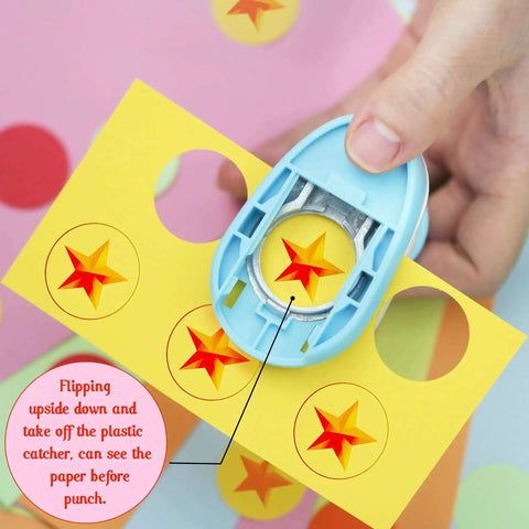 1 Inch Circle Hole Punch Lever Tool For Crafting And Scrapbooking with star cutout on yellow paper, spring-action handle visible