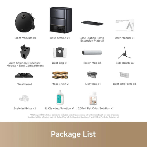 Package contents for Z60 Ultra Roller Robot Vacuum And Mop with accessories and cleaning solutions displayed.