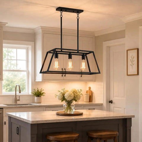 Matte Black Kitchen Island Lighting Fixture With Three Lights Farmhouse Style Pendant Chandelier Over Dining Table