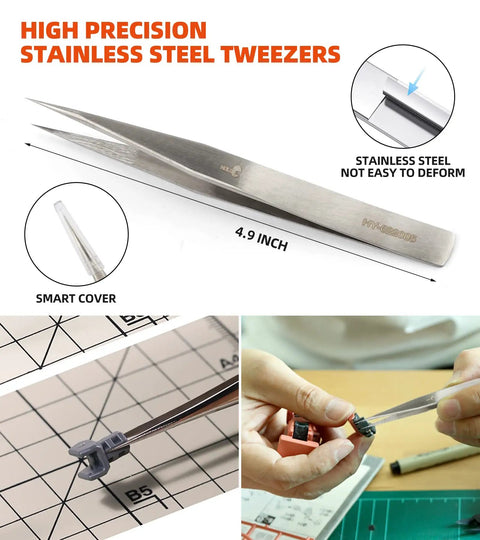 High precision stainless steel tweezers from 9 Piece Model Tools Kit For Car Model Building And Repairing, 4.9-inch length with smart cover.
