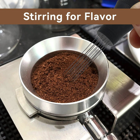 Espresso Distribution Tool With 0.4mm 10 Needle Stirrer Break Up Grounds Reduce Channeling Achieve Even Extraction For Home And Commercial Espresso Machines Black in use, stirring coffee grounds in portafilter.