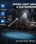 Upgraded Solar Street Light 12000 Lumens Super Bright Outdoor With 10000mAh Battery And 120 LEDs illuminating rainy street