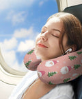 Woman using Women's Travel Neck Pillow For Sleeping And Napping On The Go, Comfy Soft Polyester Comfort, Ultra Portable, Pink Xmas Tree Decor