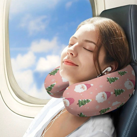 Woman using Women's Travel Neck Pillow For Sleeping And Napping On The Go, Comfy Soft Polyester Comfort, Ultra Portable, Pink Xmas Tree Decor