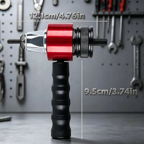 Premium High Carbon Steel Electric Rivet Gun Adapter Kit For Cordless Drill Metric M3 To M8 Rivnut Tool With Clutch Pressure Adjustment To Stop Slipping Perfect Heavy Duty Nutsert Attachment For Serious DIY Projects And Pros. side view, 12.1cm x 9.5cm