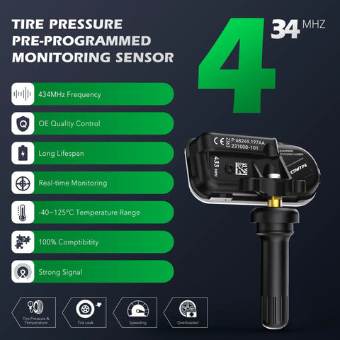 Dodge Ram 433MHz TPMS Sensor Replacement Four Pack For 2014 To 2022 Ram 1500 2500 3500 4500 5500 And 2014 To 2021 Jeep Cherokee Tire Pressure Monitor Sensors Ready To Install, black sensor