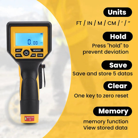 Heavy Duty Digital Measuring Wheel With Backlit Display And Folding Rollers For Surveying And Construction Straight Up Accurate To Point Zero Three Precision In Feet And Meters Built Tough For No Sweat Work