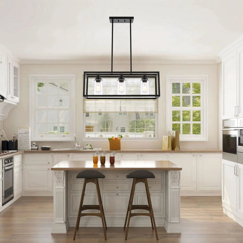 3 Light Linear Kitchen Island Chandelier Dope Matte Black With Rectangular Clear Glass Shades in modern kitchen setting