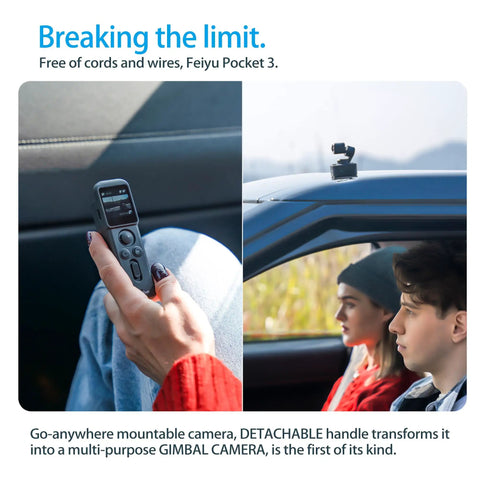 Person holding Pocket 3 Kit Handheld 4K Vlogging Camera With 3 Axis Gimbal And Image Stabilization by car window.