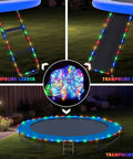 2 Pack Battery Operated Outdoor String Lights With 8 Modes wrapped around trampoline ladder and pad.