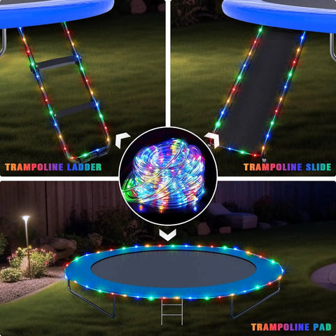 2 Pack Battery Operated Outdoor String Lights With 8 Modes wrapped around trampoline ladder and pad.