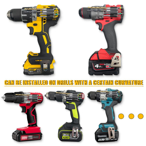 Pro Grade Magnetic Drill Bit Holder Holster on various drill models showing universal fit and quick access for bits and screws.