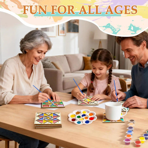 Family painting coasters from Wooden Coaster Painting Kit With Wood Stand for Adults Teens and Seniors Barn Quilt Pattern Arts and Crafts DIY Fun Gift for Beginners Women and the Elderly.