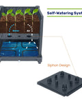 Cross-section of raised garden bed planter box with trellis and wheels self watering system showing siphon design for plants.