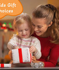 Mother and child opening a white gift box with red ribbon, labeled 'Kids Gift Choices' in a festive setting.