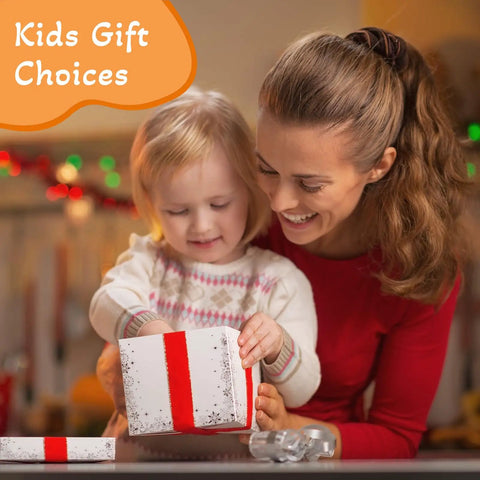 Mother and child opening a white gift box with red ribbon, labeled 'Kids Gift Choices' in a festive setting.