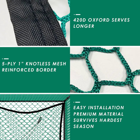Close-up of heavy-duty mesh and durable frame details of Golf Driving Cage With Ball Return System 10x10x10ft Practice Net.