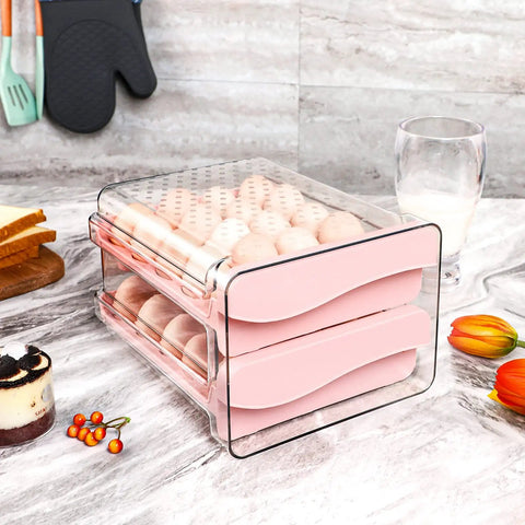 Pink Plastic Egg Holder For Fridge 2 Layer Drawer Style Egg Storage Box With Handles Stackable Tray Holds 40 Eggs BPA Free