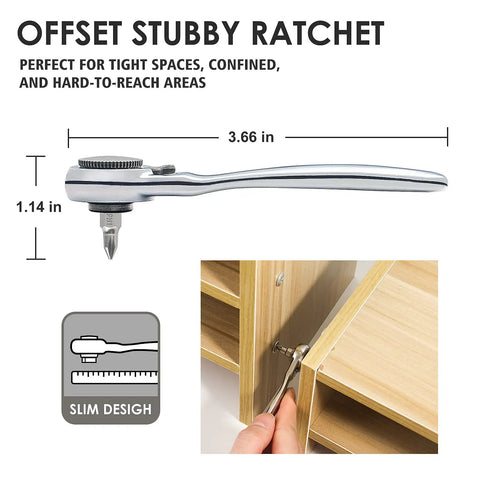 Right Angle Screwdriver Set For Tight Spaces: 32-Piece Mini Stubby Ratchet Kit With 72-Tooth Reversible Mechanism, Low Profile 3.66 Inch Handle, 1/4 Inch Drive, A Beast For Small Spots And Quick Fixes