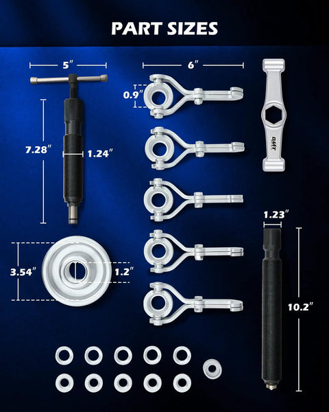 Part sizes of Beefy Heavy Duty Wheel Hub Puller Kit with hydraulic ram and adjustable hooks for cars trucks large vehicles 20 piece