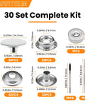 120 Piece Leather Snap Fasteners Kit With 3 Setter Tools 15mm Stainless Steel Snaps For Leather Clothing Fabric Bags Canvas DIY Crafts Silver With Storage Box, detailed component view showing snap dimensions and setter tools.