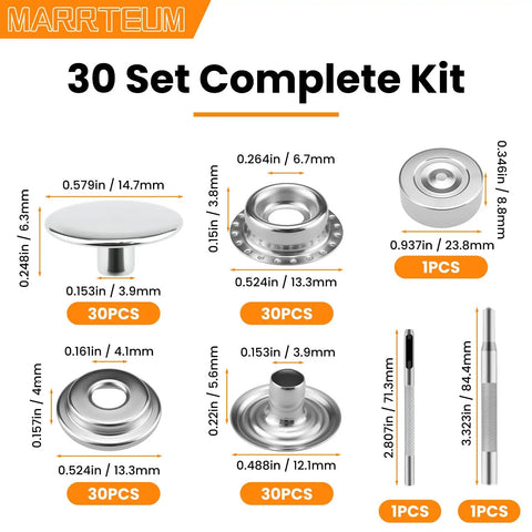 120 Piece Leather Snap Fasteners Kit With 3 Setter Tools 15mm Stainless Steel Snaps For Leather Clothing Fabric Bags Canvas DIY Crafts Silver With Storage Box, detailed component view showing snap dimensions and setter tools.
