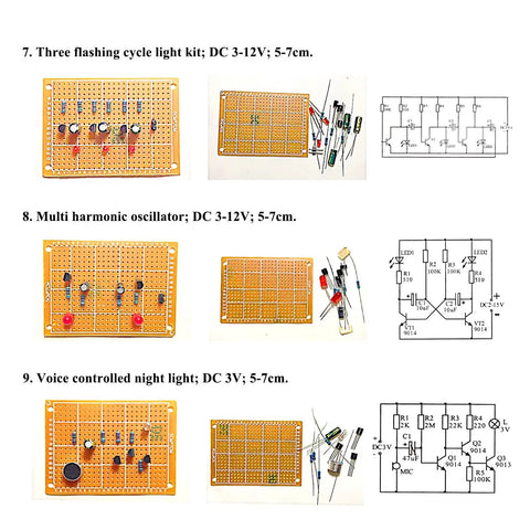 Image of a 9 Piece Soldering Practice Kit With Universal Board For Beginners And Students showing three electronic projects with diagrams.