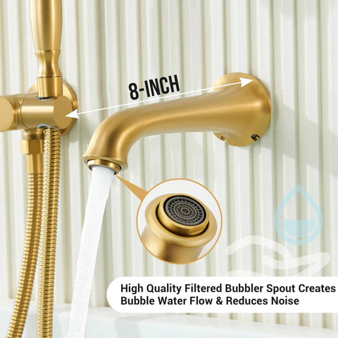 8-inch brushed gold wall-mounted tub filler with bubbler spout and hand shower, reducing noise and increasing water flow.