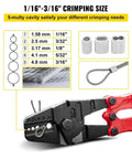24 Inch Heavy Duty Hand Swager Crimper Tool With Five Dies for crimping sizes from 1/16" to 3/16" on wire rope with diagram.