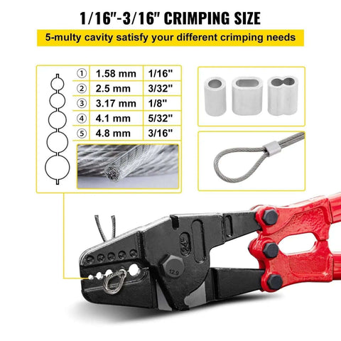 24 Inch Heavy Duty Hand Swager Crimper Tool With Five Dies for crimping sizes from 1/16" to 3/16" on wire rope with diagram.