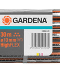 Gardena garden hose with packaging label, shown in coiled state, measuring 30 meters in length and 13mm in diameter.