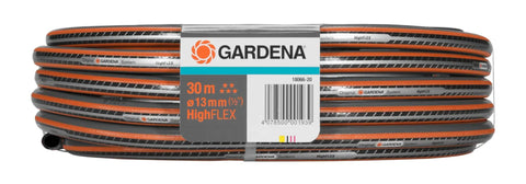 Gardena garden hose with packaging label, shown in coiled state, measuring 30 meters in length and 13mm in diameter.