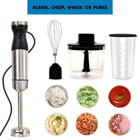 Heavy Duty Hand Blender Set With Variable Speed Twist Dial And Maximum Turbo Boost, Four Sharp Stainless Steel Blades, Food Chopper And Whisk Attachment, Total Kitchen Game Changer displayed with various food preparations.