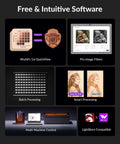 WECREAT Vision Pro 45W laser engraver collage showing software tools and LightBurn compatibility.