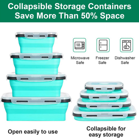 Eight Pack Collapsible Food Storage Containers With Lids, stackable silicone travel bowls for camping and RV gear, blue
